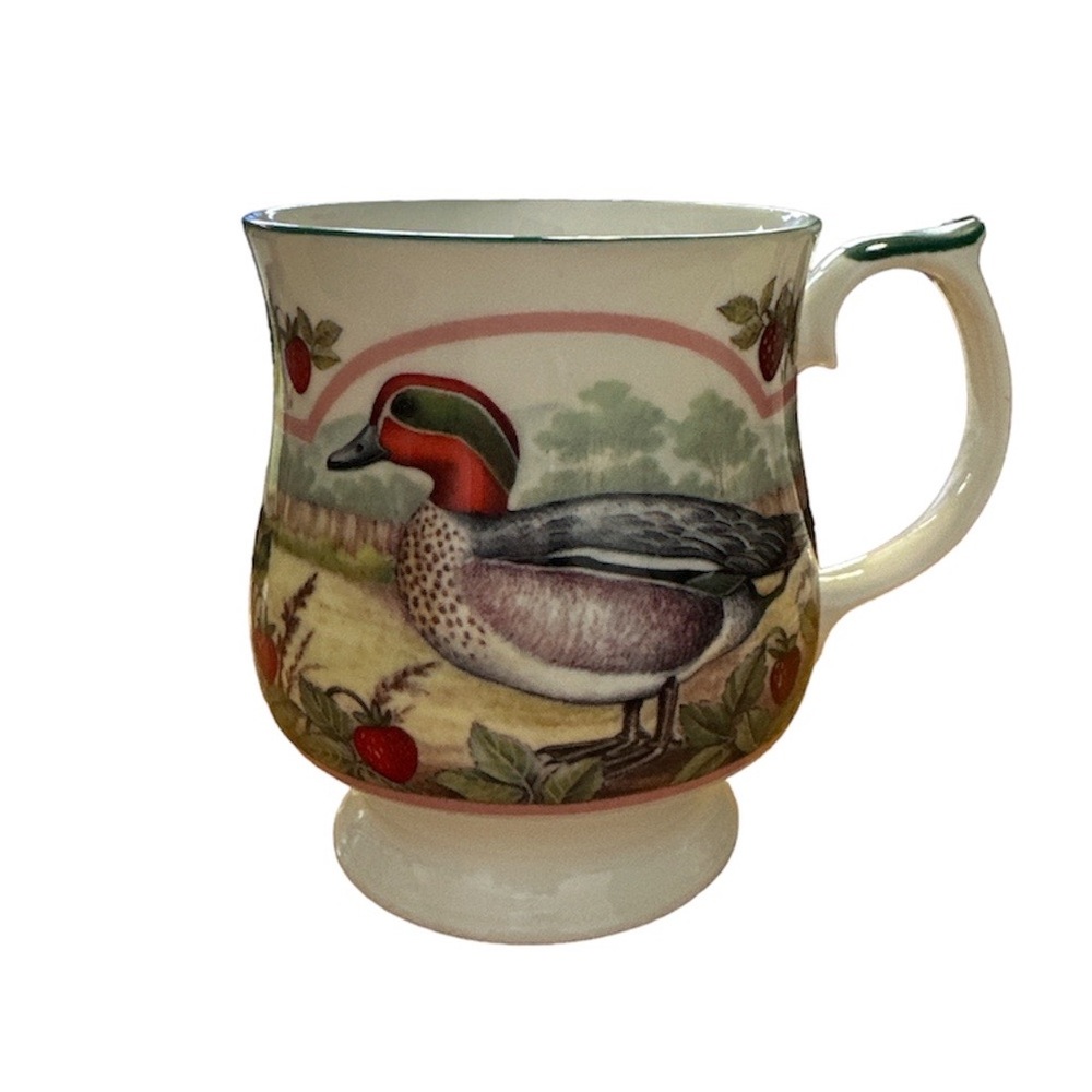 🌺 Crownford Queen's Fine Bone China Strawberry & Vines Pattern Teal Duck Cup